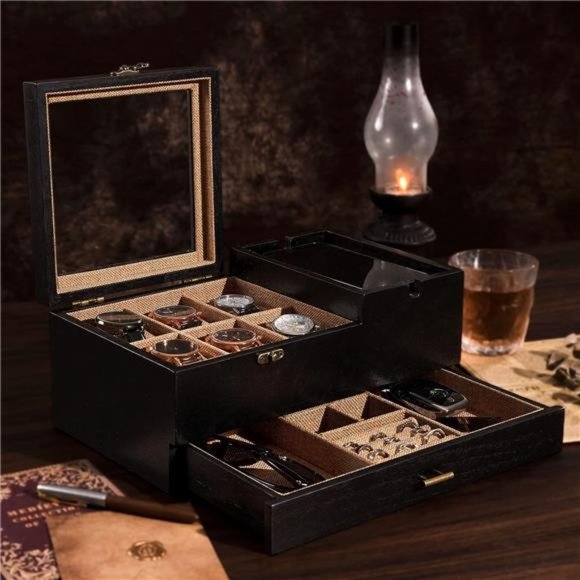 Watch Box Organizer for Men, 6 Slot Watch Case for Men Display & Storage Watch - Picture 5 of 7